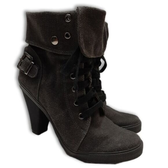 ALDO Canvas Lace-Up High Heel Fold-Over Ankle Boots Sz 8 - 8.5 - Picture 1 of 15